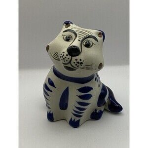 Vintage Mexican Folk Art Sandstone Pottery Tonala Style Cat Figurine Signed